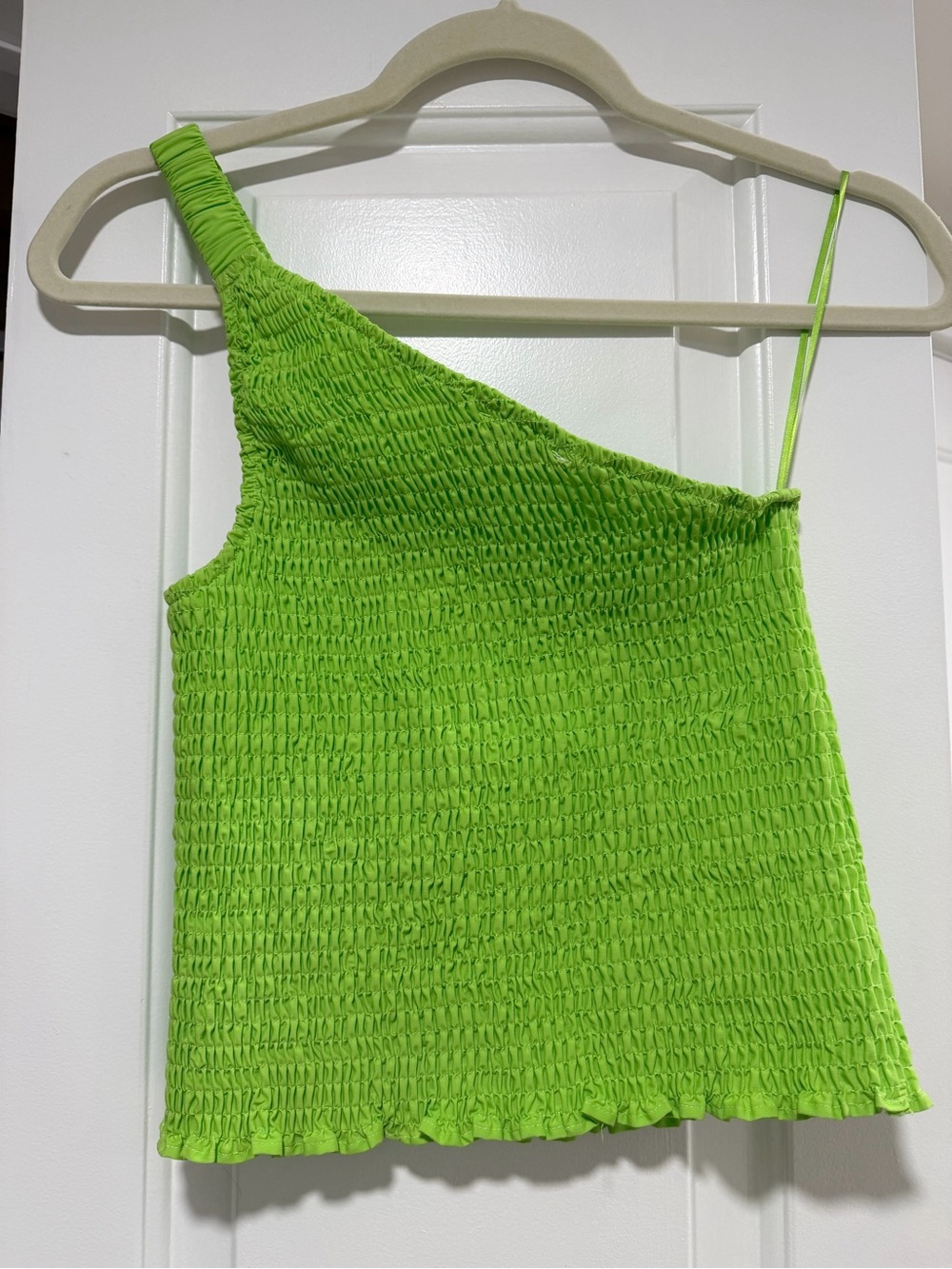 Olivaceous Neon Green One-Shoulder Smocked Camisole